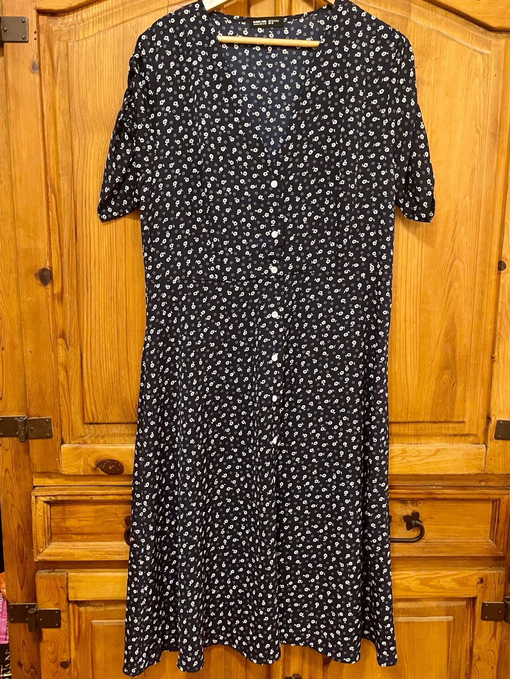Navy Blue Floral Button-Front Midi Dress